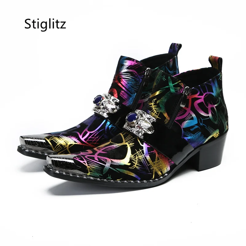 Graffiti Ankle Boots for Men Pearl Metal Decor High Heels Leather Western Men\'s Boots Zip Street Style Man Shoes High Quality