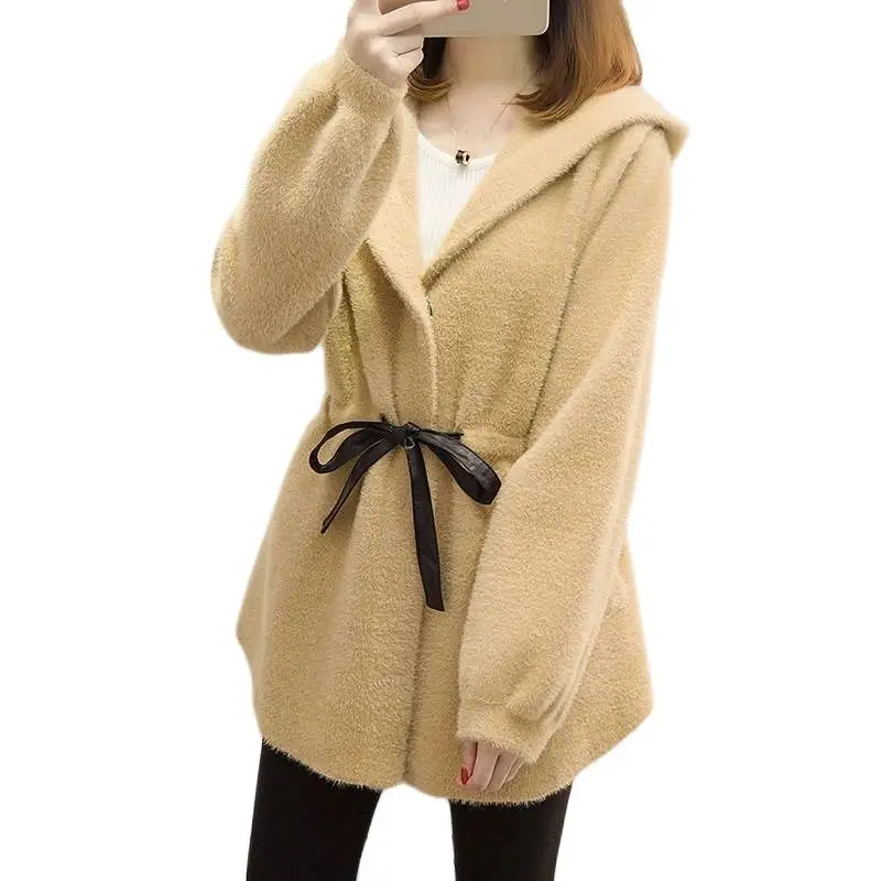 2025 New Imitation Mink Cashmere Coat Women Spring Autumn Casual Hooded Knitted Cardigan Korean Loose Belt Sweater Jacket Female