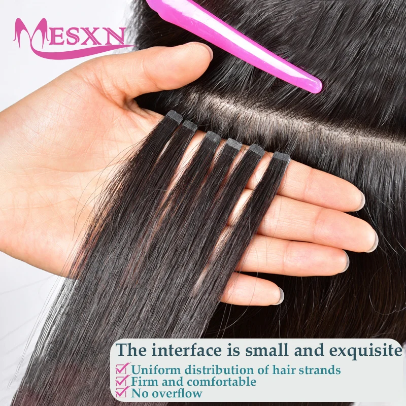 MESXN Mini Tape in Hair Extensions Human Hair Real Natural Hair Tapes in Black Brown Blonde Można udarować i farbować do salonu