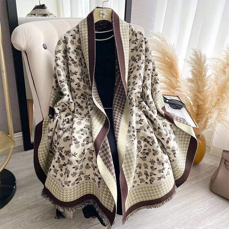

Winter Cashmere Scarf For Women Floral Shawl Wrap Female Pashmina Luxury Brand Poncho Thick Blanket Warm Bufanda Echarpe Femme