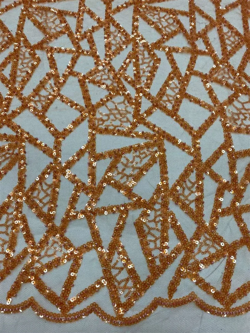 Orange French tulle mesh lace fabric with Sequins and beads African net garment fabrics 5 yards for sewing lady dress DPW-2490