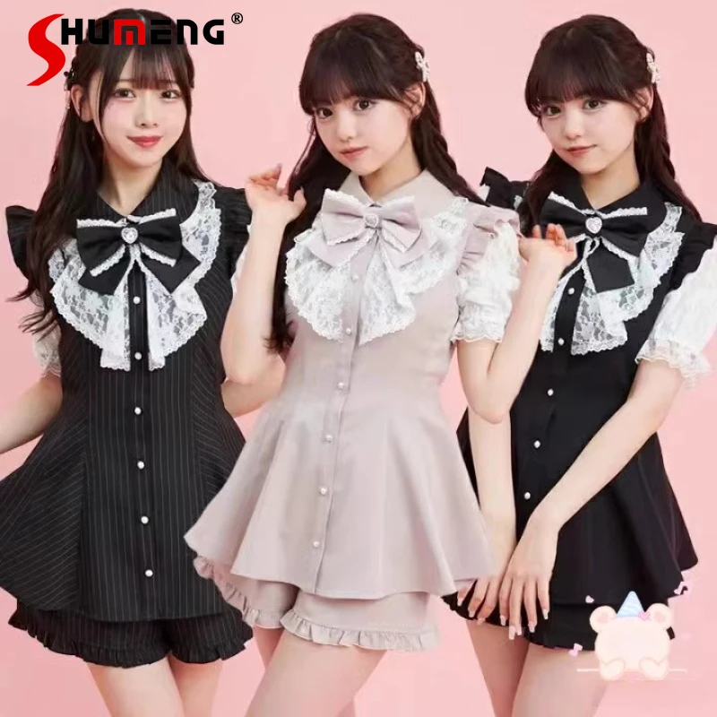 

Japanese Rojita SC Suit New 2024 Summer Stripes Bow Lace Mine Series Mass-Produced Short Sleeved Two Piece Sets Women's Outifits