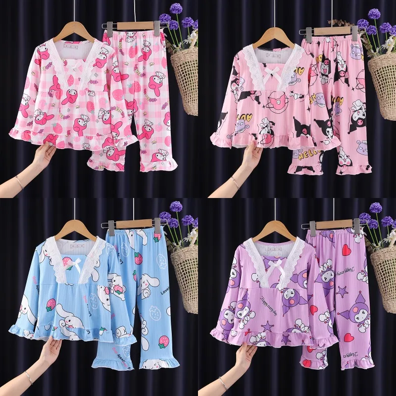 Cute Sanrio Cinnamoroll Children Pajamas Set Long-Sleeved Cartoon My Melody Kuromi Autumn Sleepwear Suit Student Kids Clothes