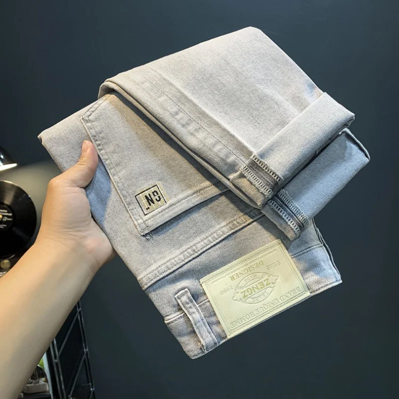 2024 NEW Summer Thin Men's Jeans 2024 New Smoky Gray Slim Fashion Korean Style Printed Mid Waist Casual Men's Trousers