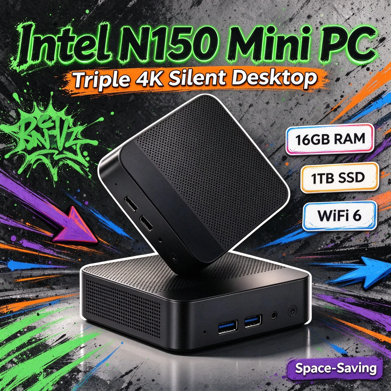 Mini PC Intel N150 compacto e novo, com múltiplas configurações, SSD NVMe, WiFi6, triplo 4K, silencioso, para uso doméstico, escritório e edição de mídia.