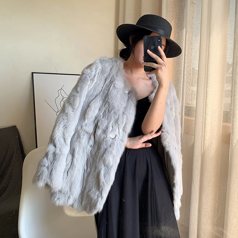 Real Fur Coat Women Round Neck Single-Breasted Warm Fashion Medium to Long Gray Rex Rabbit Fur Camperas Invierno 2023 De Mujer