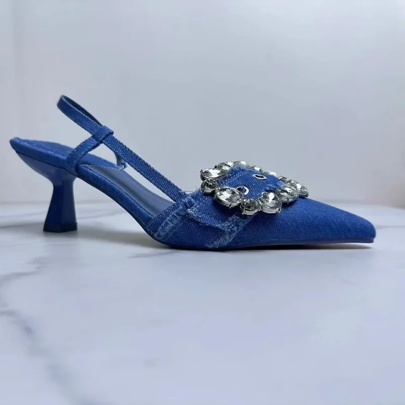 

Denim Rhinestone Glitter Women Pumps Wedding Bride Slingback Pointed Toe High Heels Elegant Ladies Shoes