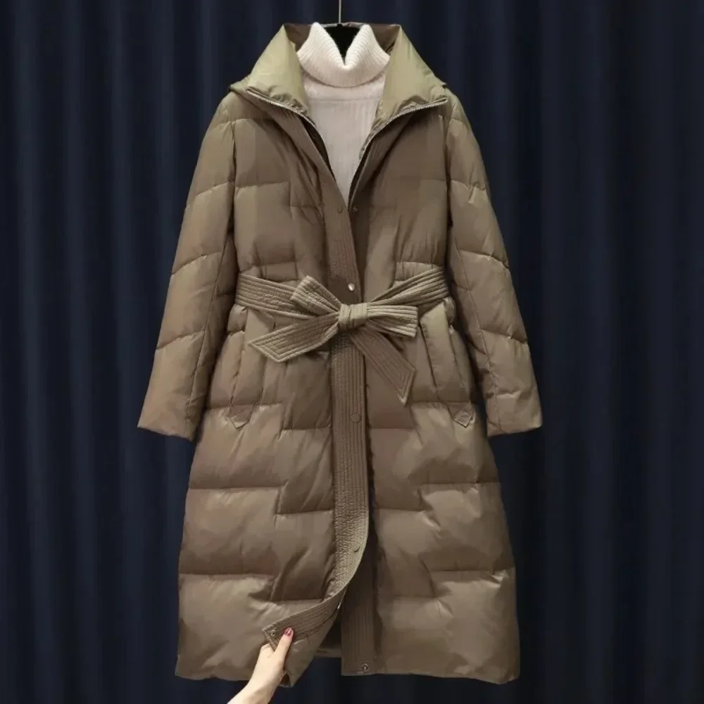 Fashion Casual New Winter Women Thick Warm Coat White Duck Down Long Jacket with Belt Luxury Slim Parka Hooded Outerwear Female