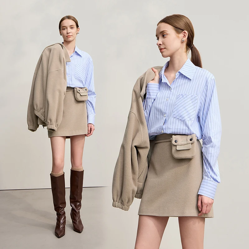 Jaket Wanita AMII 2025 Musim Dingin Minimalis Ritsleting Lengan Panjang Jaket Rok Mini Polos Elegan Longgar Pakaian Wanita 12524027