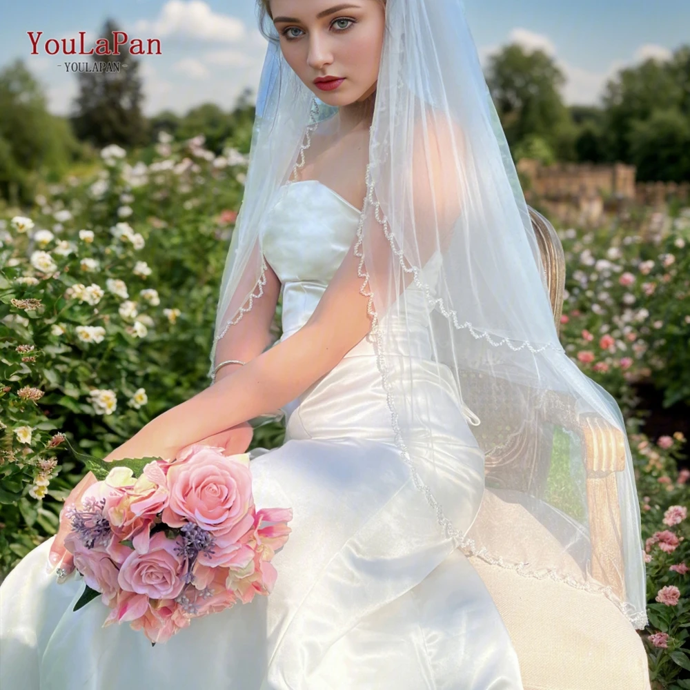 YouLaPan Crystal Edge Wedding Veil Hip Length Bridal Veil with Blusher Eleglant Double Layer Covered Wedding Bride Soft V198