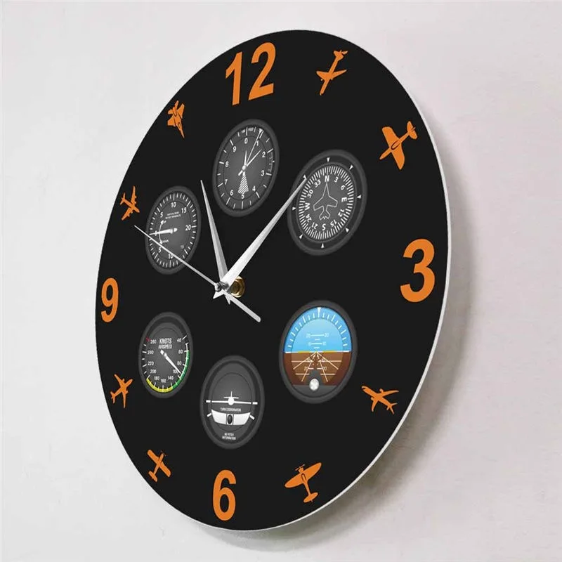 Aviation Airplane Cockpit Instruments Wall Clock Pilot Flight Altimeter Art Printed Clocks Silent Home Living Room Gift