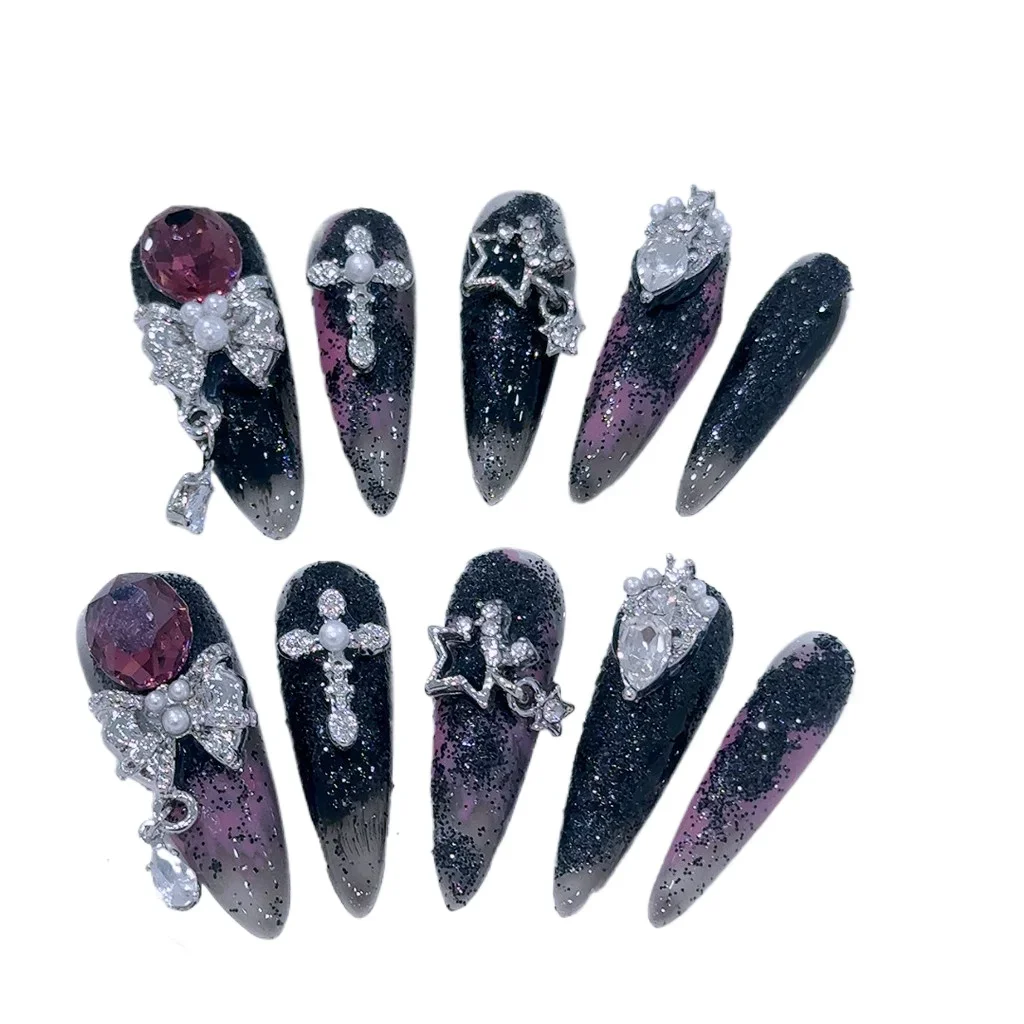 Nicchia di lusso fatta a mano stampa sulle unghie Oblivion Dark Spice Girls unghie finte fiocco stella croce diamante viola punta lunga nail art