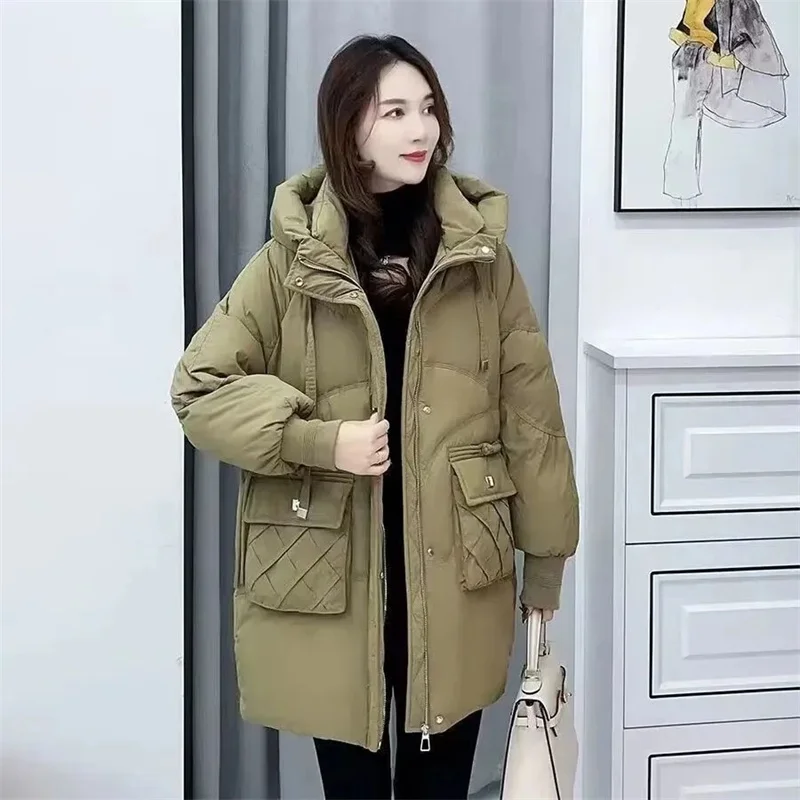 2023 New Autumn/Winter Korean Version Down Cotton Coat Female Mid Length Thickened Cotton Coat Loose Bread Coat Cotton Outcoat