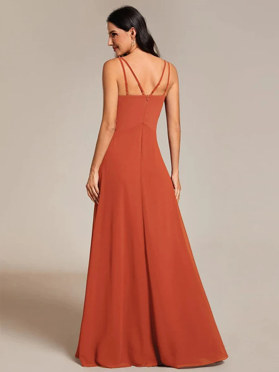 Vestidos de Noche elegantes con cuello en V, vestido de dama de honor de gasa naranja quemado, plisado, con tirantes ajustables, 2024