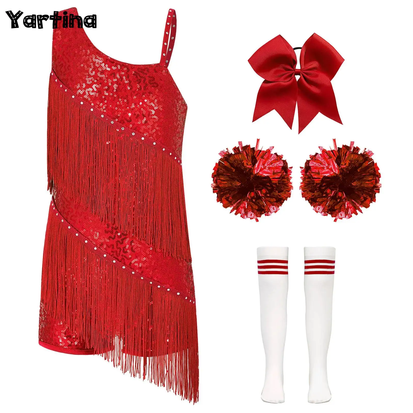

Kids Girls Cheerleader Costume Cheerleading Latin Cheer Dance Outfit Rhinestones Tassels Sequin Latin Dance Leotard Dress