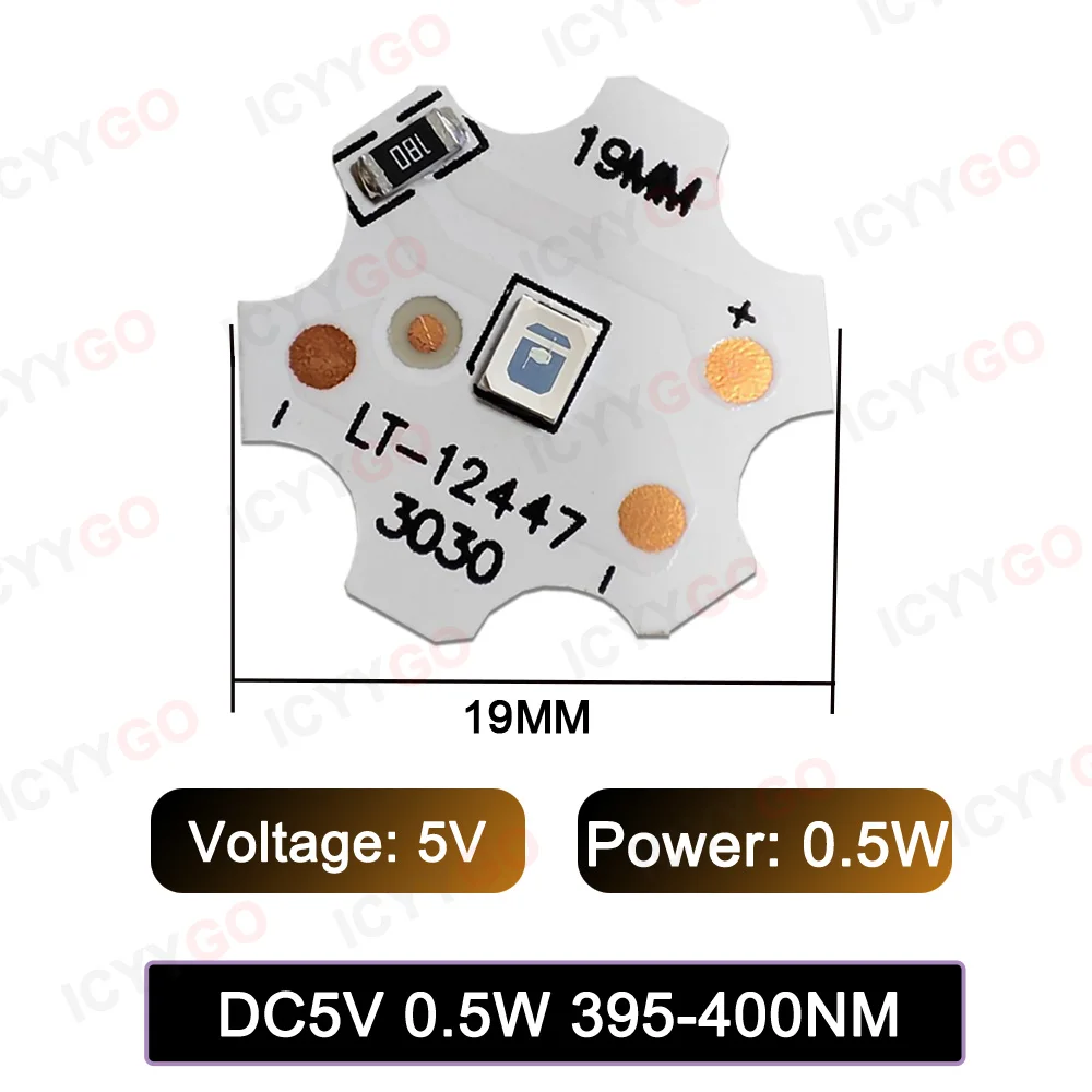 Imagem -02 - Cura Uva 395nm 5v 12v 24v Placa de Lâmpada Chip Baixa Tensão Led Contas de Lâmpada 19 mm Luz Branca Roxa Placa de Fonte de Luz Branca Quente 1w