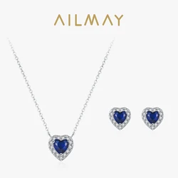 Ailmay 925 Sterling Silver Classic Blue Love Heart Earrings Necklace For Women Elegant Romantic Wedding Jewelry Gift Set