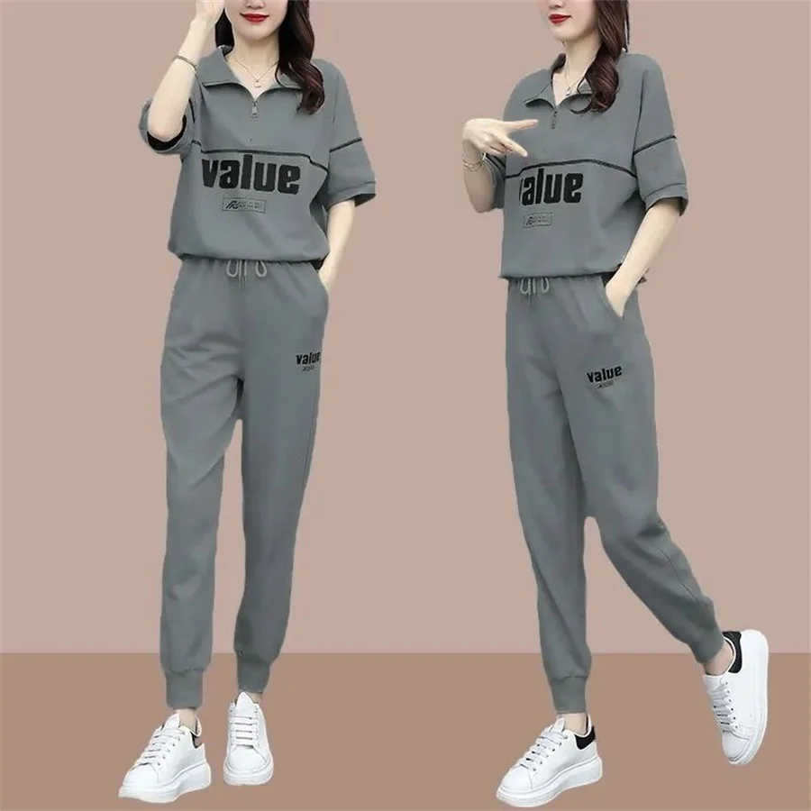 Fashion Summer Women Sets Casual Female Sportswear Suit Printed Short Sleeve Tshirts+ Pants Two-piece Set S-4XL