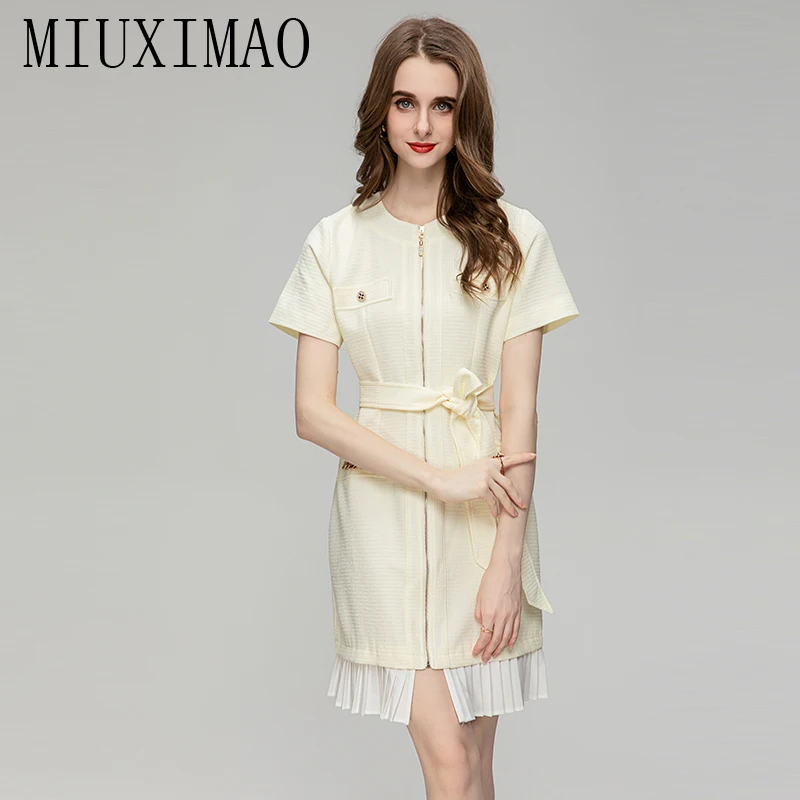 MIUXIMAO 2023 Fall Dress  Fashion Slim Short Sleeve Jacquard O-neck  Ruched Tank Dress Women Vestidos Mini Dress Belt