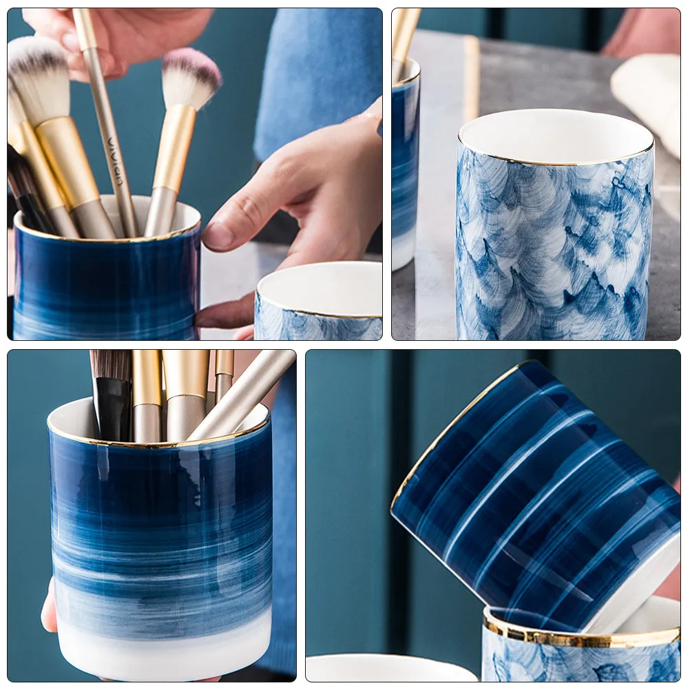 Premium Ceramic Pen Holder Nordic Textured Design Smooth Round Desk Organizer for Pens Brushes Home Office Supplies