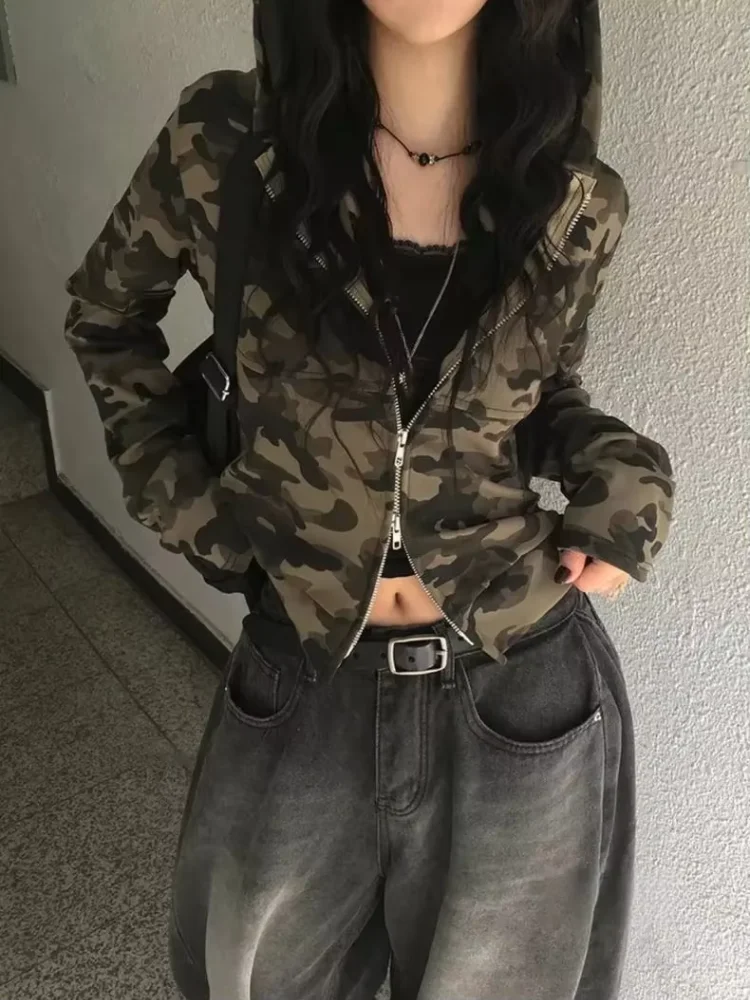 

Американский милый камуфляжный свитшот, куртки с двойной молнией, модный винтажный короткий кардиган, пальто, женский панк, новая уличная одежда Y2k