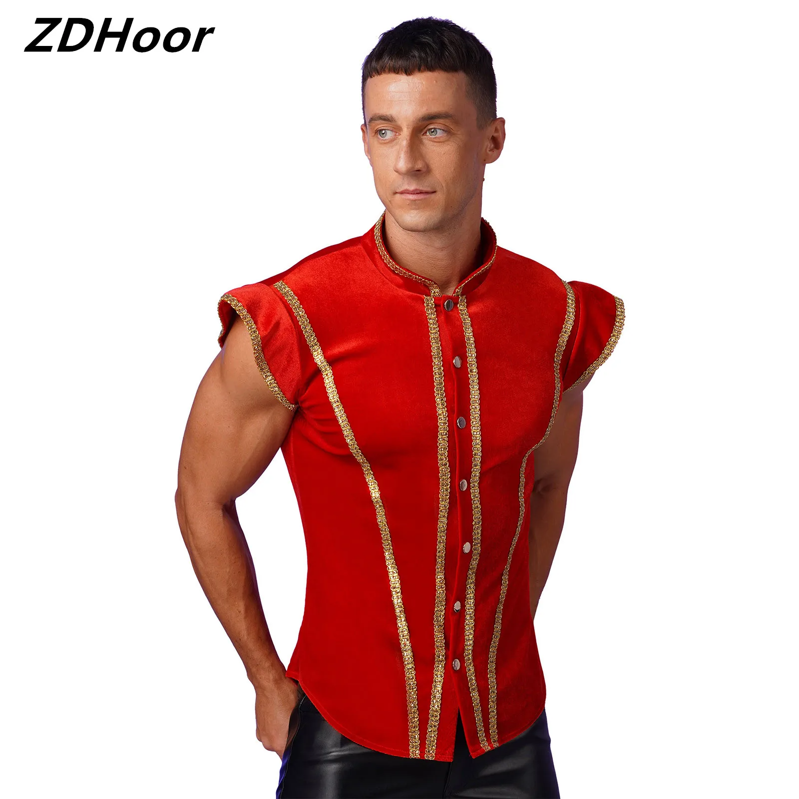 

Mens Halloween Medieval Steampunk Waistcoat Stand Collar Fly Sleeve Buttons Gold Trims Velvet Shirt Vest Circus Costumes