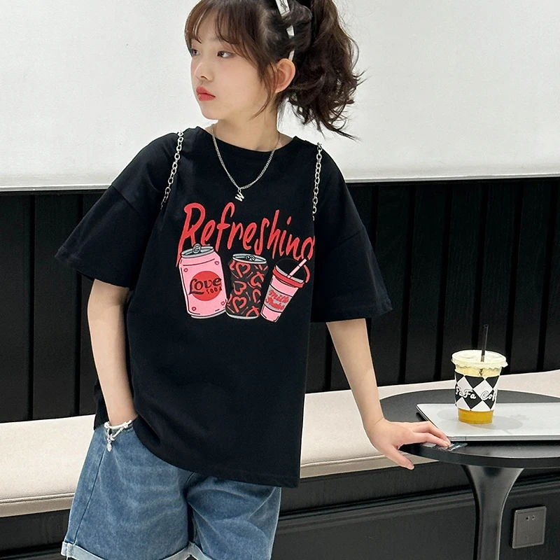 

Черная летняя футболка с короткими рукавами для девочек, повседневная, свободного кроя, модная и стильная тонкая одежда для учащихся средних и старших классов.