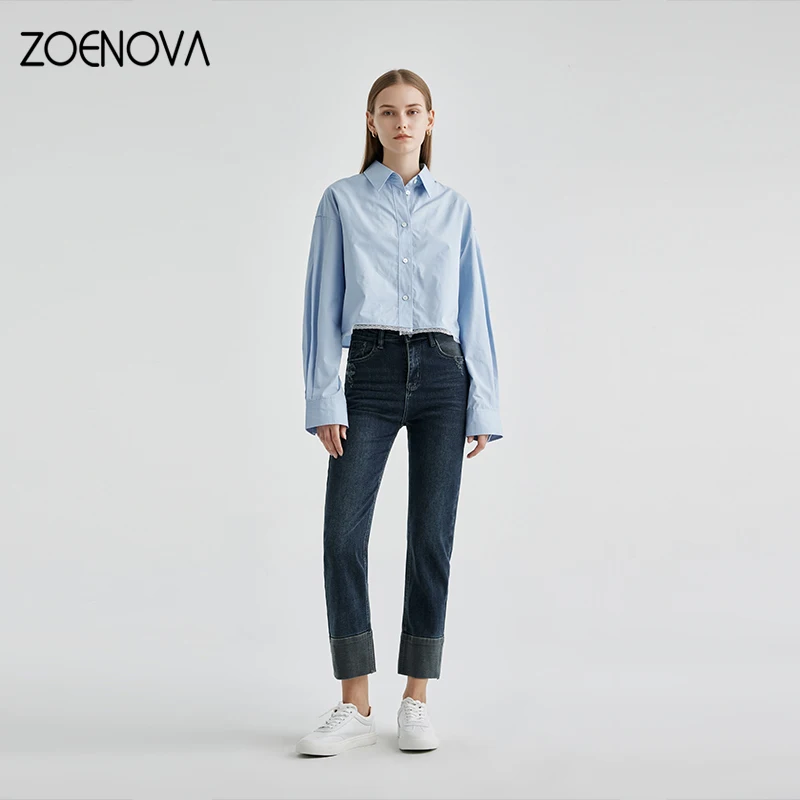 ZOENOVA 2024 Spring New High Quality Slim Ankle Length Jeans Women's Street Casual Cotton Elastic Straight Pipe Nine Point Pants