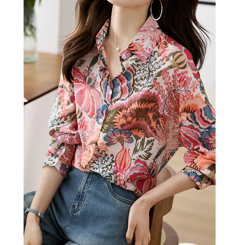 Floral Women Shirt 2025 Fashion Autumn New Printing Women's Clothing Polo-Neck Straight Long Sleeves Shirt OL Button Women Tops