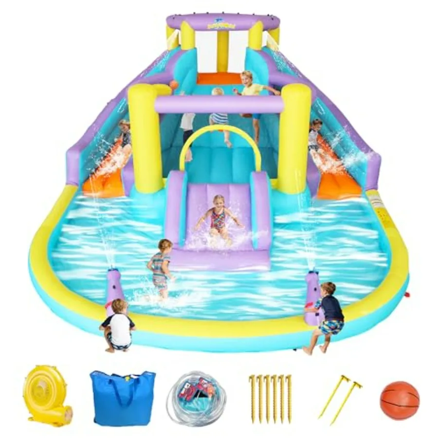 

Outdoor backyard inflatable water slide bounce house for kids 3-10: PVC, blue/red, 7-in-1 with 3 slides, splash pool, climbing