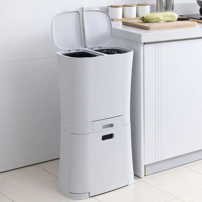 

Kitchen Step Trash Can with Lid Large Dual Compartment Waste Bin for Dry Wet Waste Home Bathroom Garbage Can