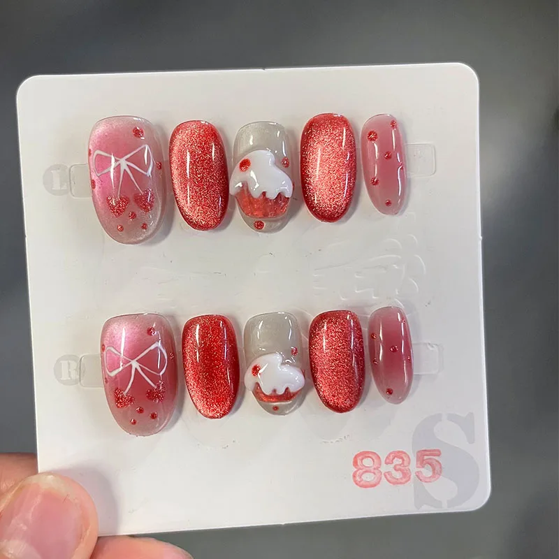 

10 шт., красный кошачий глаз, короткий овальный пресс для ногтей с милым дизайном торта, ручной дизайн ногтей, носимый съемный набор накладных ногтей для женщин