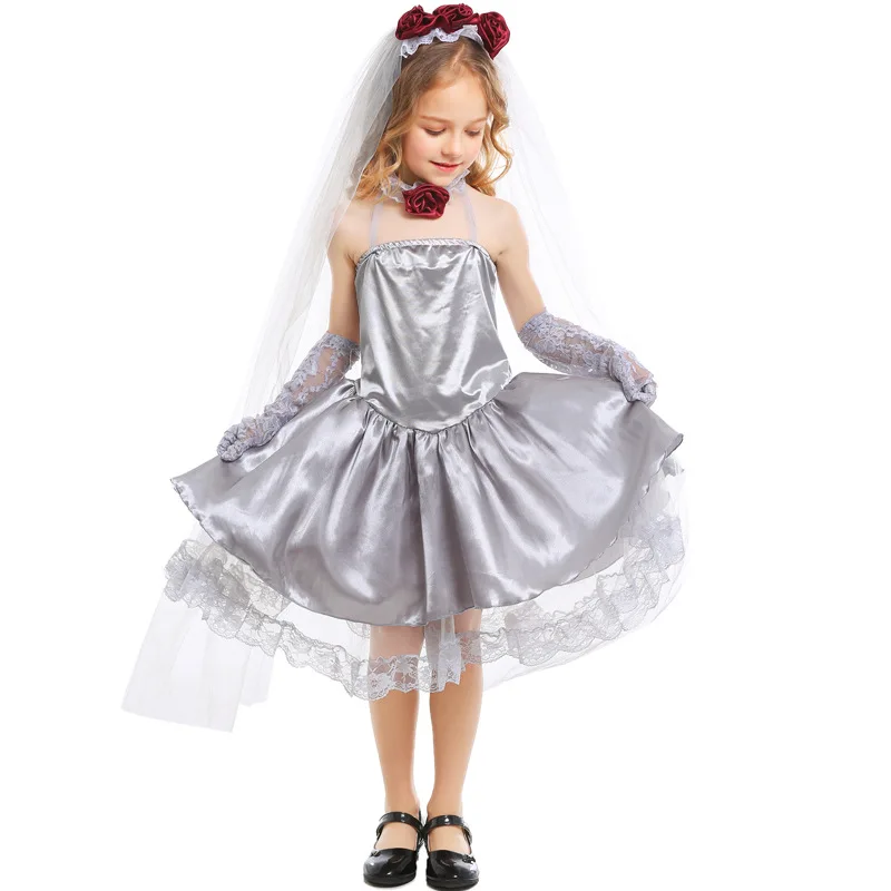 Beautiful Halloween Girls Skeleton Bridge Wedding Dress Cosplay Costume Kids Carnival Stage Performance Suit