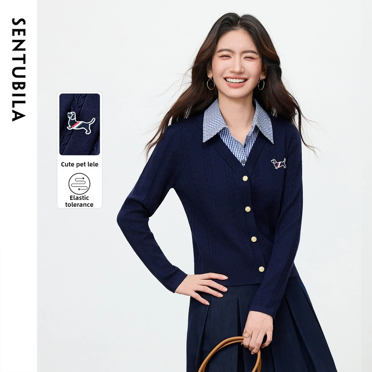 

SENTUBILA Women's Knit Sweater 2025 Autumn Patchwork Plaid Collar Contrast Button Pullover College Style Ladies Top W54ED4162