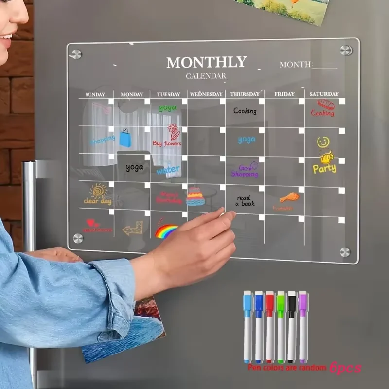 Acrylic Magnetic Monthly And Weekly Calendar for Fridge, Clear Magnetic Dry Erase Memo Board for Fridge Reusable Meal Planner