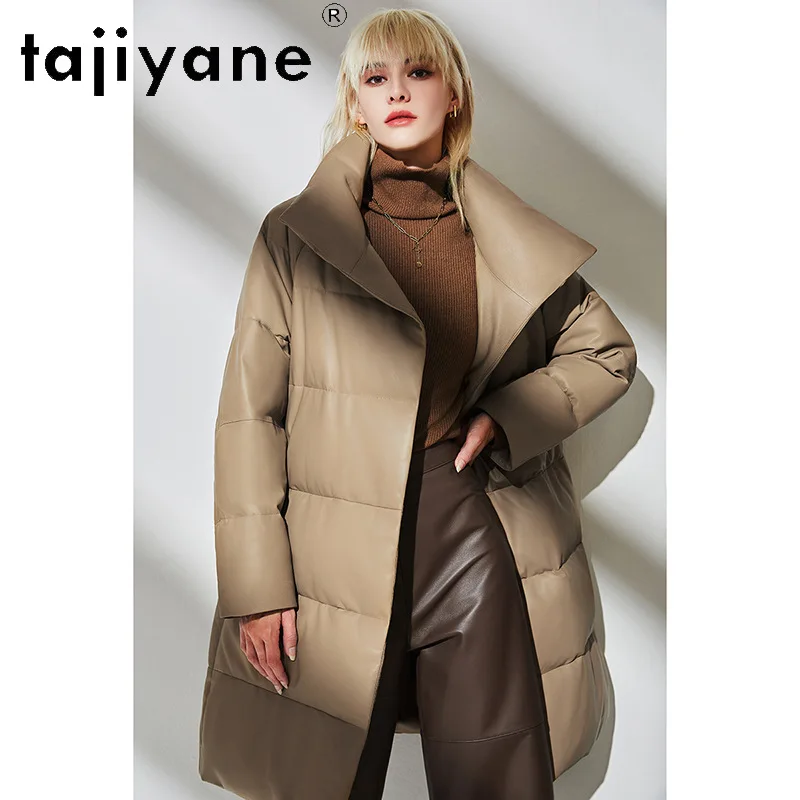 Tajiyane 여성용 진짜 양가죽 다운 재킷, 중간 길이 화이트 구스 다운 코트, 스탠딩 칼라 패션, 따뜻한 파카, 겨울