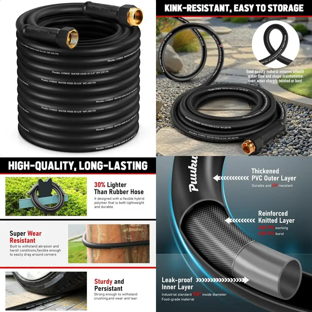 

Сверхмощный 100-футовый 5/8-дюймовый нерасширяемый гибкий садовый шланг — несъемный, легкий, герметичный, гибридный для полива на открытом воздухе.