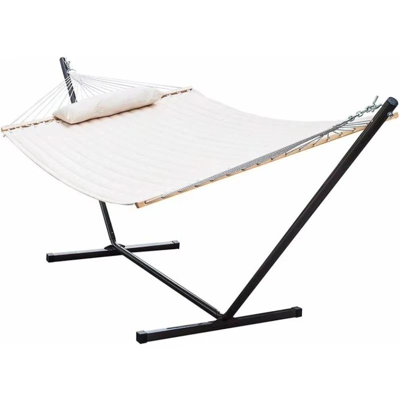 

Outdoor Garden 2 Person Cotton Rope Camping Hammock with Steel Frame and Pillows