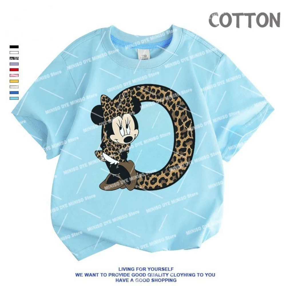 Disney-Camiseta de manga corta con estampado de dibujos animados para niño y niña, camisa informal con letras de Minnie ABCD, color azul, a la moda