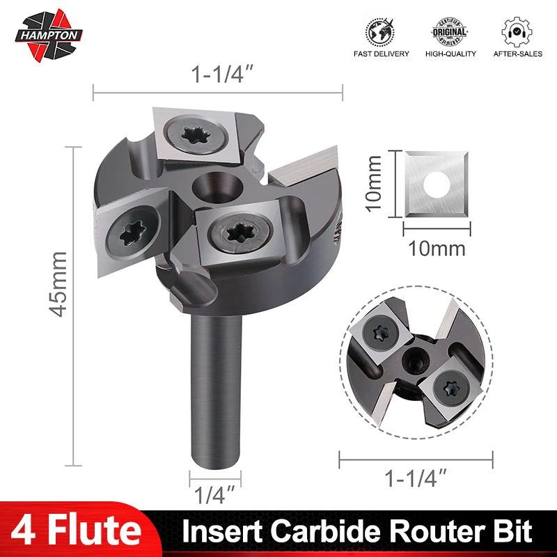 

HAMPTON 4 Flute Wood Planer Bit 1/4 Shank CNC Spoilboard Surfacing Route Bit Carbide Insert Slab Face Mill for MDF Plywood