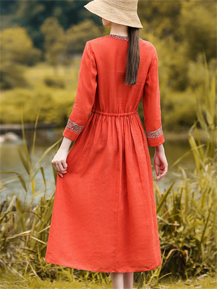 2024 New Spring Autumn Red Vintage Dresses For Women Cotton Linen Casual Loose  Long Elegant Dress Femme Robe Fashion Clothing