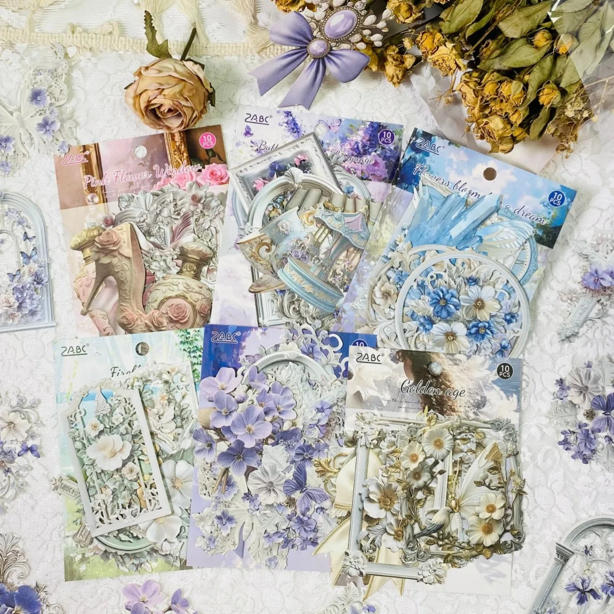 10sheets Bow Butterfly Paper Decorative Stickers Vintage Scrapbook Stickers Hollow Flower Frame Stickers for Notebooks Albums