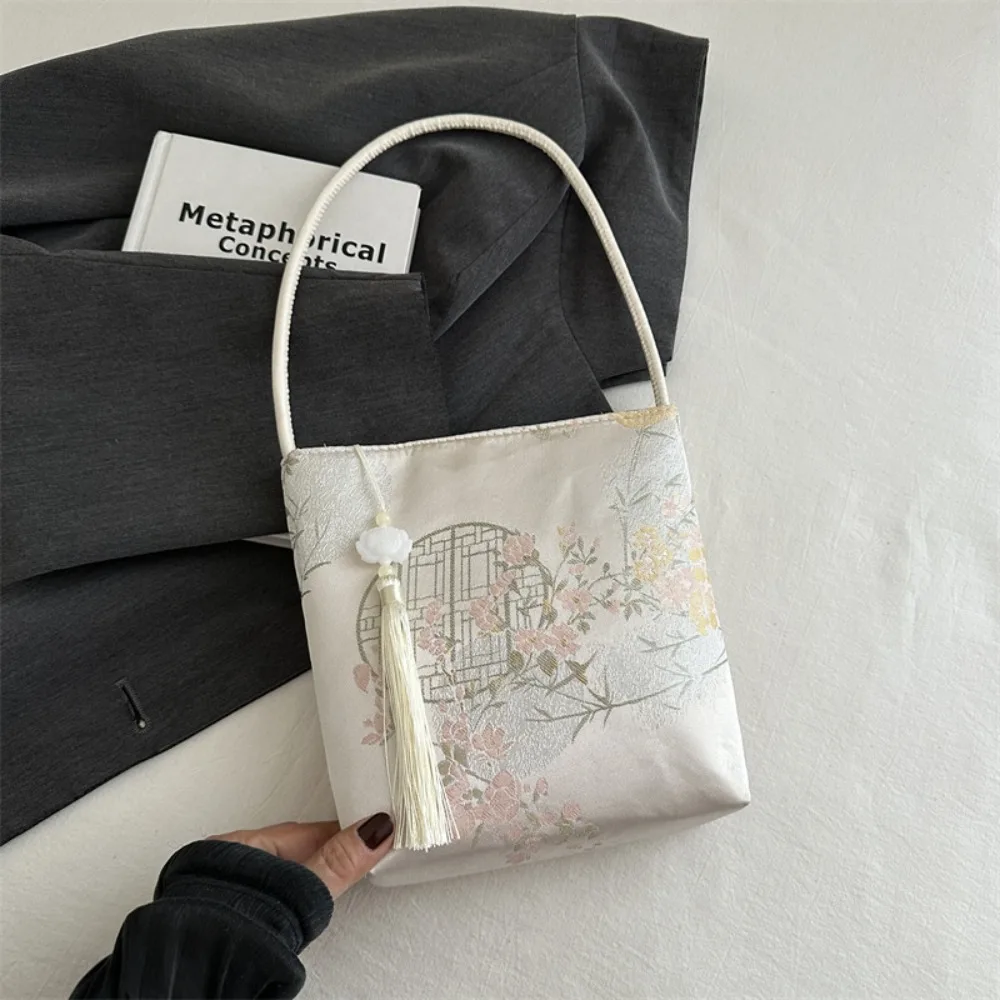 

Creative Printed Embroidery Shoulder Bag Large Capacity Floral New Chinese Style Handbag Handbag Tote Bag Hanfu Bucket Bag Gift