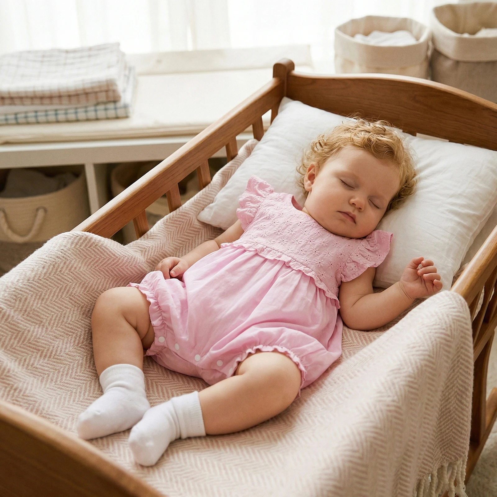 

Cute Baby Girls Summer Knit Jumpsuit Flying Sleeve Round Neck Floral Embroidery Playsuits