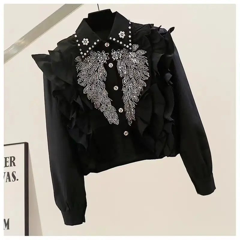 New In 2024 Autumn Beaded Lace Embroidery Stitch Short Shirts For Women Long Sleeve Buttons Up Blouses Fashion Black White Top