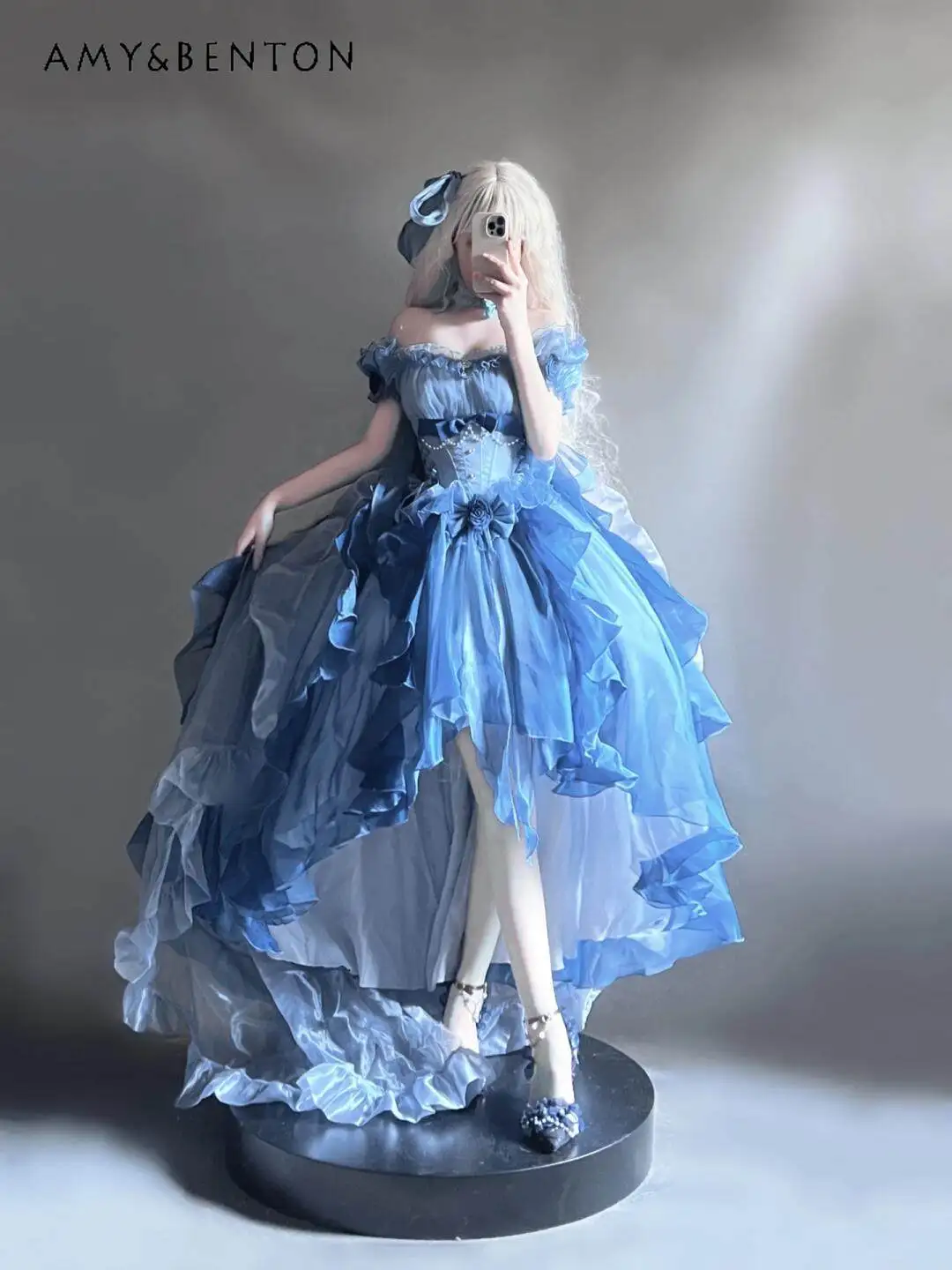 

Summer Japanese Style Women's Lolita Slim High Waist Long Blue Purple Princess Dress with Trailing and Bustle Set