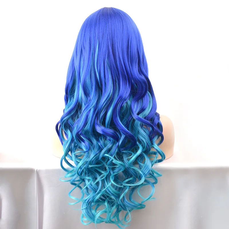 70cm Long Mixed Blue Curly hair Wig with bangs For Women’s Christmas Halloween Cosplay Costume Party Wigs