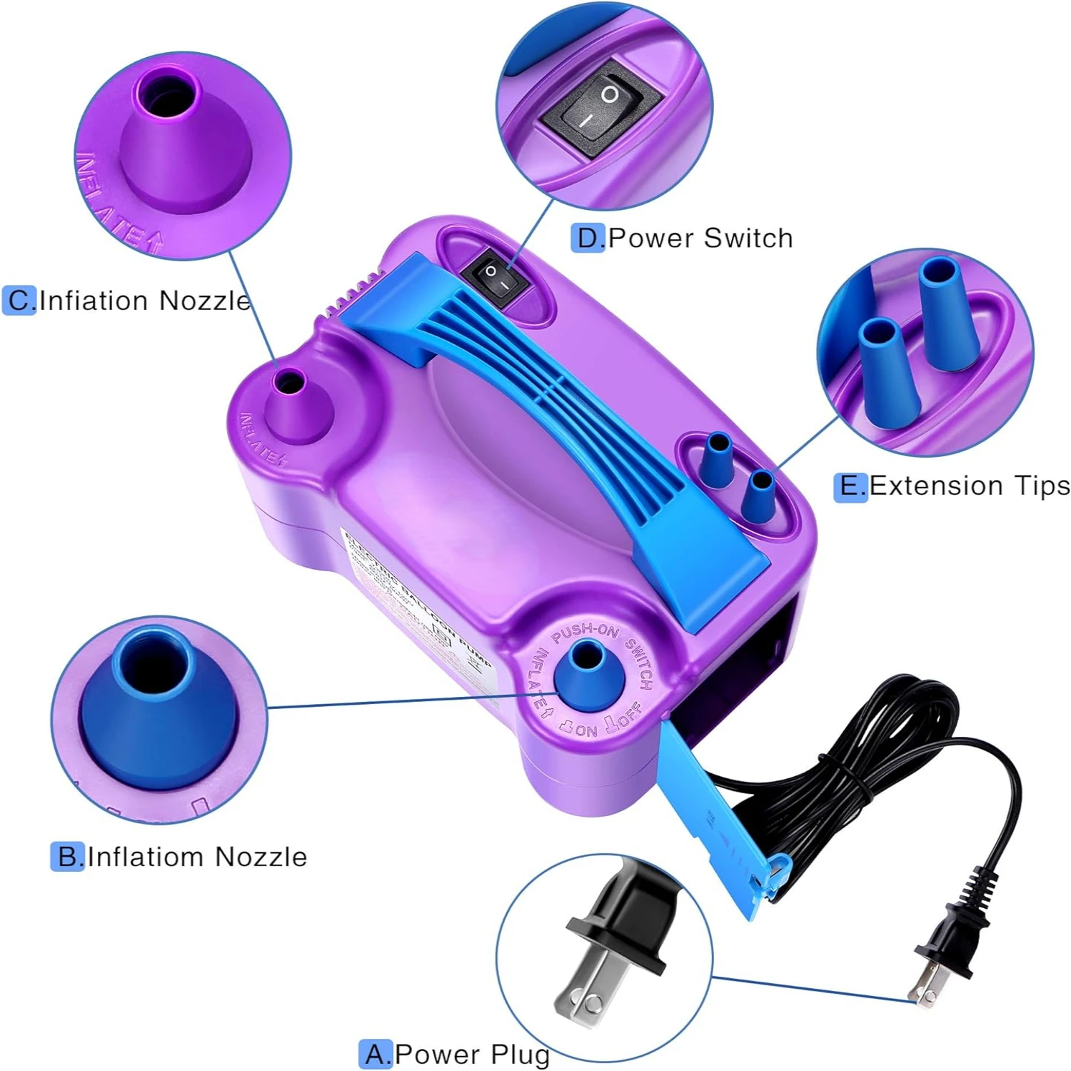 Efficient, sleek and portable purple electric balloon inflator with high power dual nozzle blower for fast inflation - compact a