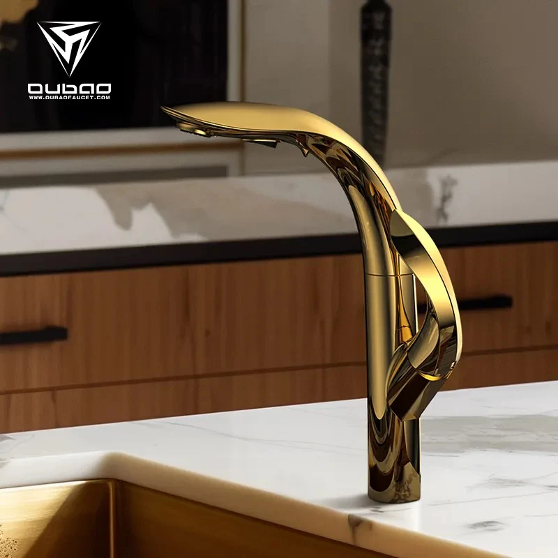 

High end luxury style single handle gold pull out spray kitchen faucet