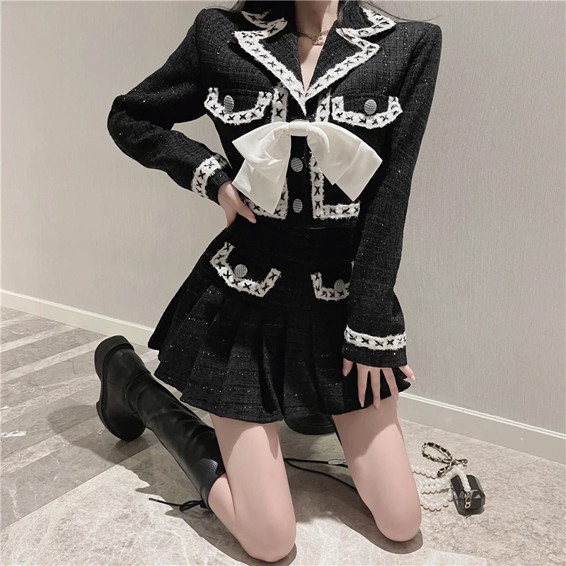 Womens Black Tweed Elegant 2 Piece Sets Women Business Small Fragrance Jacket Coat Female A-Line Skirts Ladies